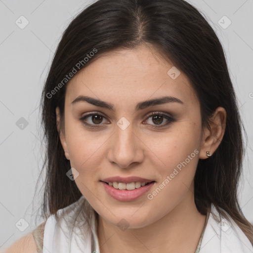 Joyful white young-adult female with medium  brown hair and brown eyes