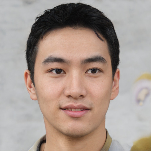 Neutral asian young-adult male with short  black hair and brown eyes