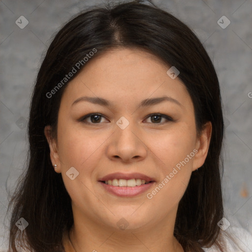 Joyful white young-adult female with medium  brown hair and brown eyes