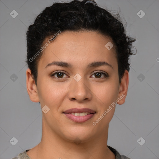 Joyful latino young-adult female with short  brown hair and brown eyes