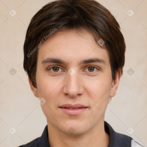 Neutral white young-adult male with short  brown hair and brown eyes