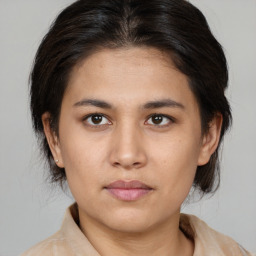 Neutral asian young-adult female with medium  brown hair and brown eyes