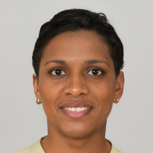 Joyful black young-adult female with short  black hair and brown eyes