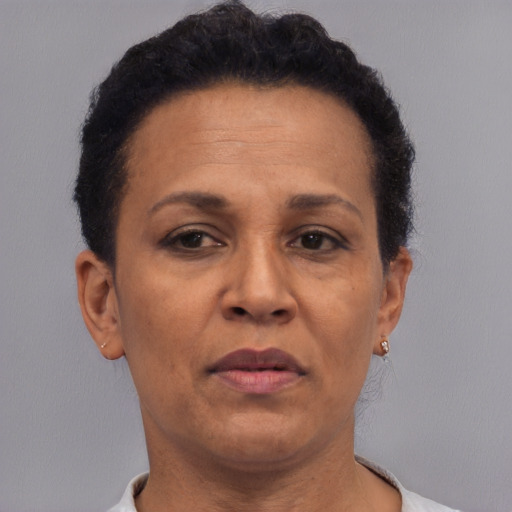 Neutral black adult female with short  brown hair and brown eyes