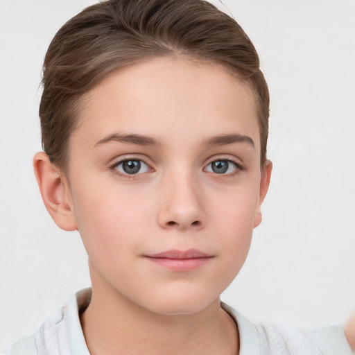 Neutral white child female with short  brown hair and grey eyes