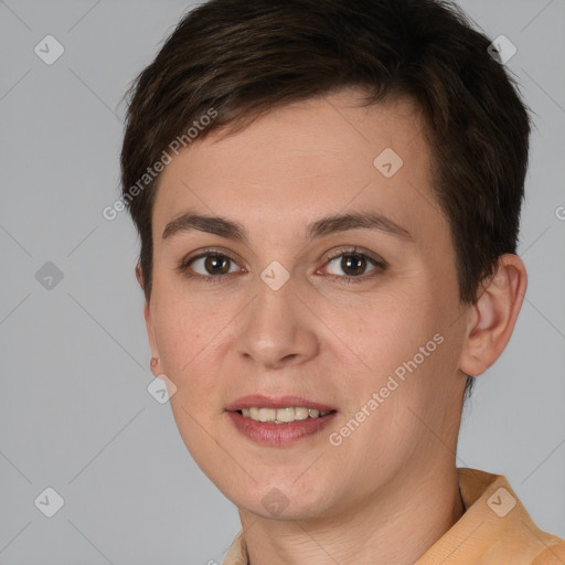 Joyful white young-adult female with short  brown hair and brown eyes