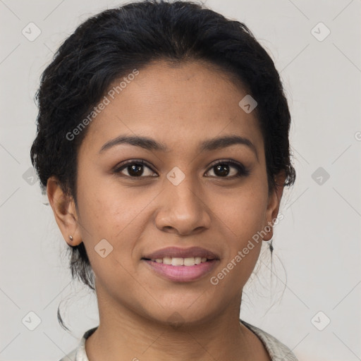 Joyful latino young-adult female with short  brown hair and brown eyes