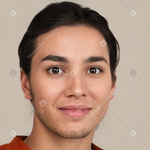 Joyful white young-adult male with short  brown hair and brown eyes