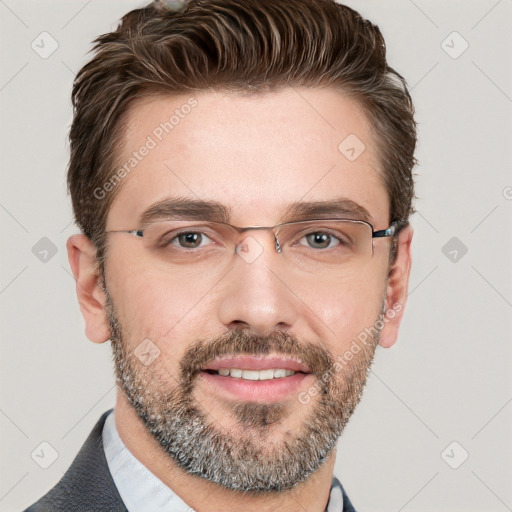 Joyful white adult male with short  brown hair and grey eyes