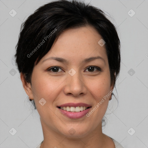 Joyful white young-adult female with medium  brown hair and brown eyes