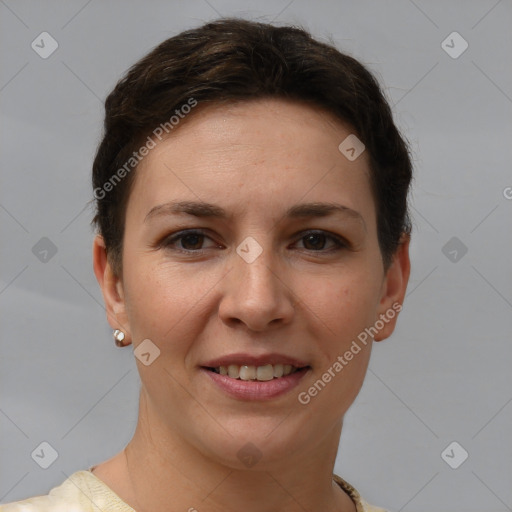 Joyful white young-adult female with short  brown hair and brown eyes