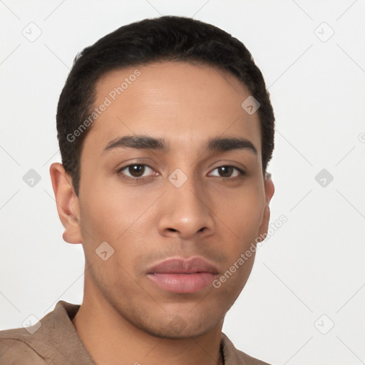 Neutral latino young-adult male with short  brown hair and brown eyes