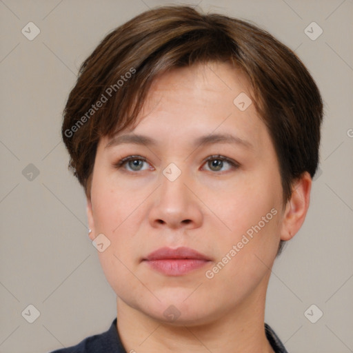 Neutral white young-adult female with short  brown hair and brown eyes