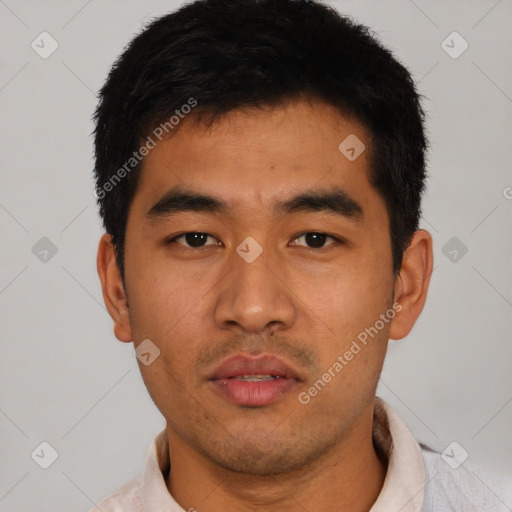 Neutral asian young-adult male with short  black hair and brown eyes