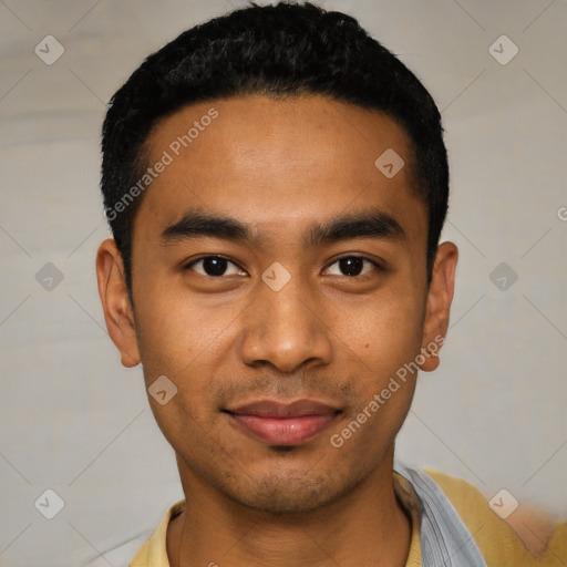 Joyful latino young-adult male with short  black hair and brown eyes