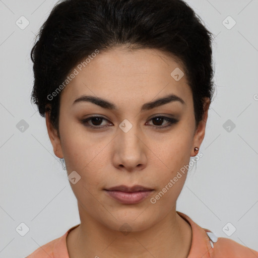 Neutral latino young-adult female with short  brown hair and brown eyes