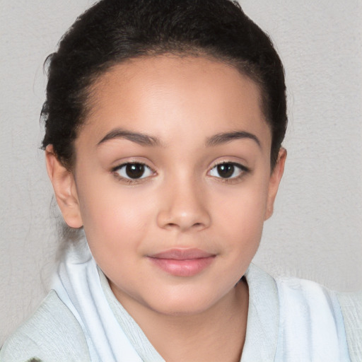 Joyful white child female with medium  brown hair and brown eyes