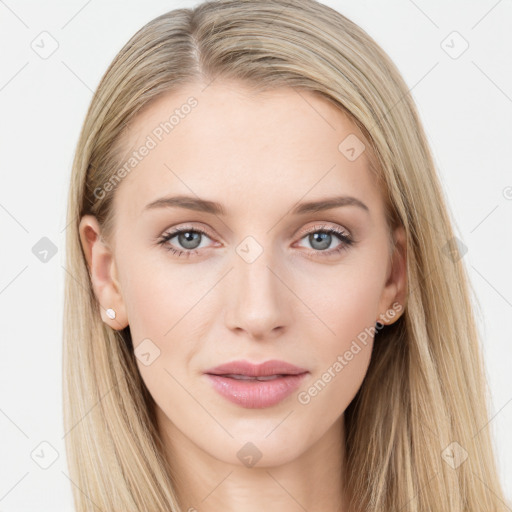 Joyful white young-adult female with long  brown hair and blue eyes