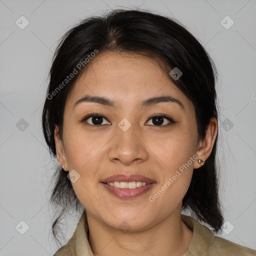 Joyful asian young-adult female with medium  brown hair and brown eyes