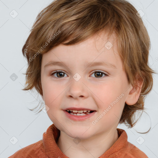 Joyful white child female with medium  brown hair and brown eyes