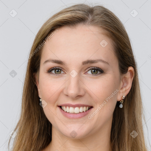 Joyful white young-adult female with long  brown hair and grey eyes