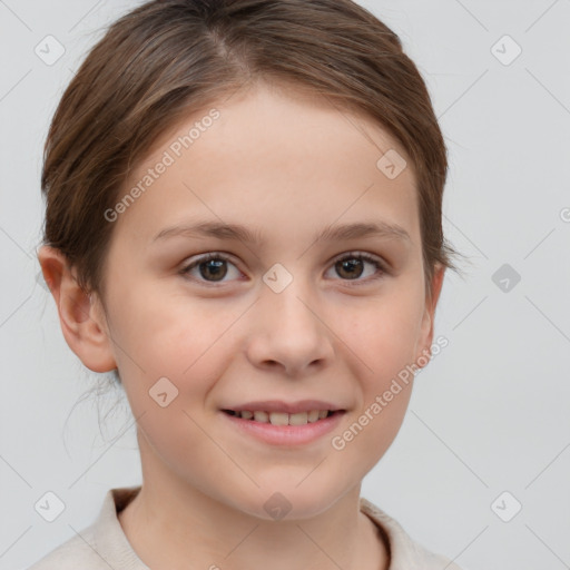 Joyful white child female with short  brown hair and brown eyes