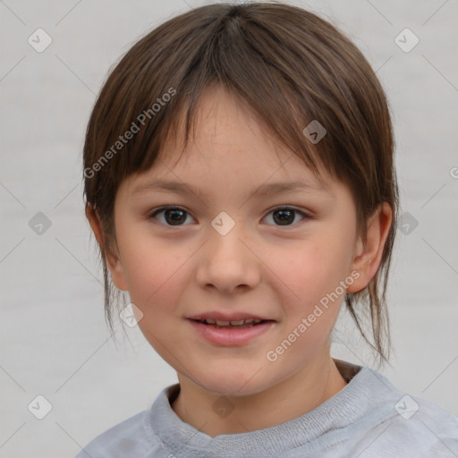 Joyful white child female with medium  brown hair and brown eyes