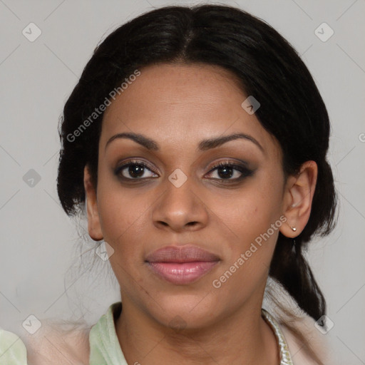 Joyful latino young-adult female with medium  brown hair and brown eyes