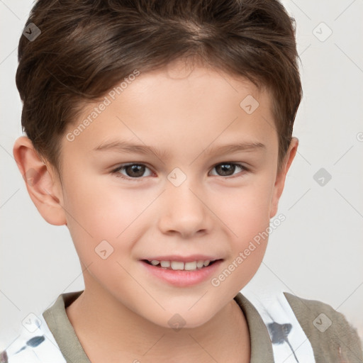 Joyful white child female with short  brown hair and brown eyes