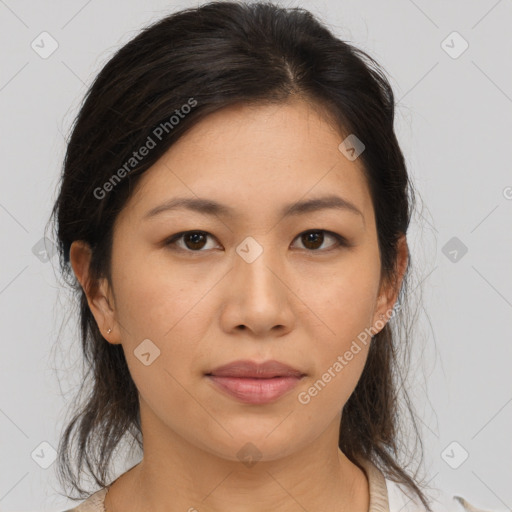 Neutral asian young-adult female with medium  brown hair and brown eyes