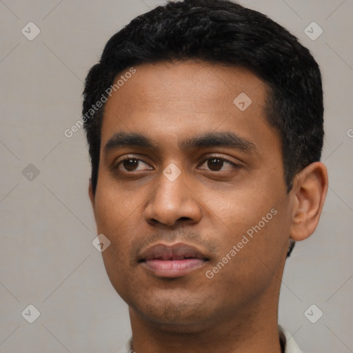Neutral latino young-adult male with short  black hair and brown eyes