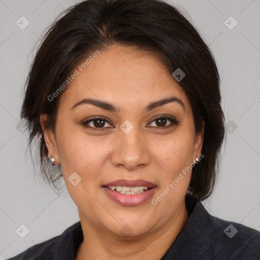 Joyful latino young-adult female with medium  brown hair and brown eyes