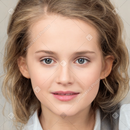 Joyful white child female with medium  brown hair and brown eyes