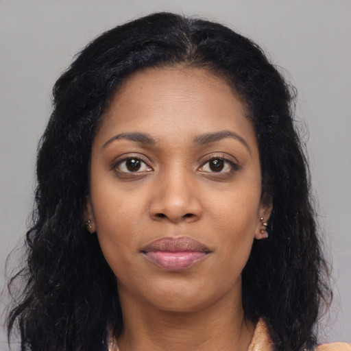 Joyful asian young-adult female with long  black hair and brown eyes