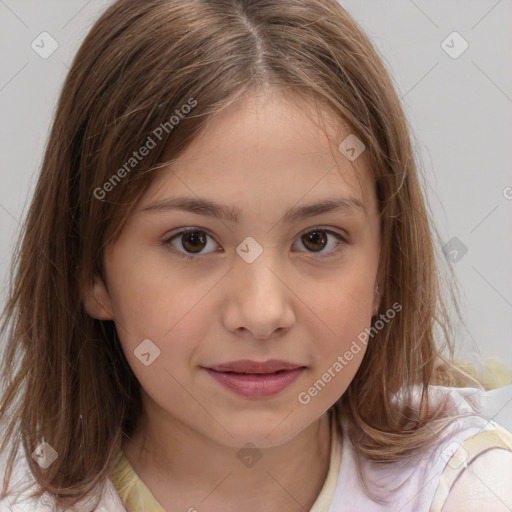 Joyful white child female with medium  brown hair and brown eyes