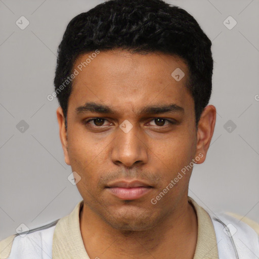 Neutral latino young-adult male with short  black hair and brown eyes