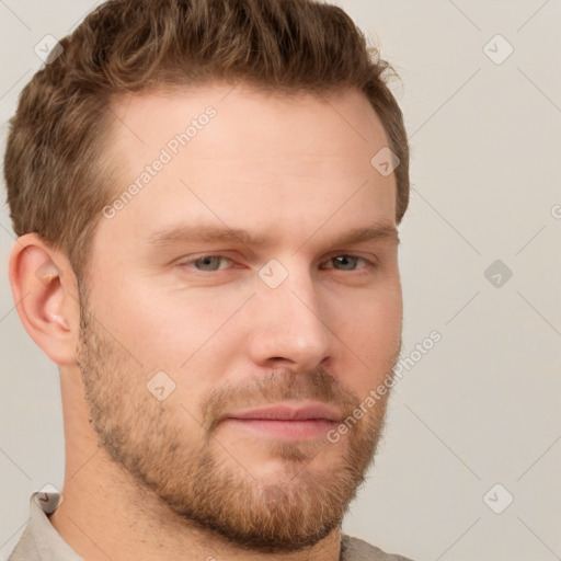 Neutral white young-adult male with short  brown hair and grey eyes