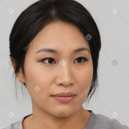 Neutral asian young-adult female with medium  brown hair and brown eyes