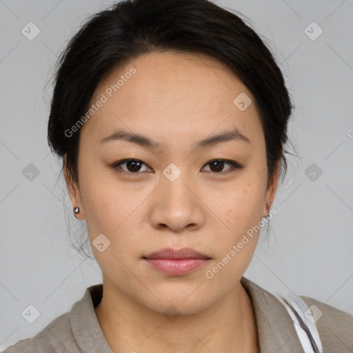 Neutral asian young-adult female with medium  brown hair and brown eyes