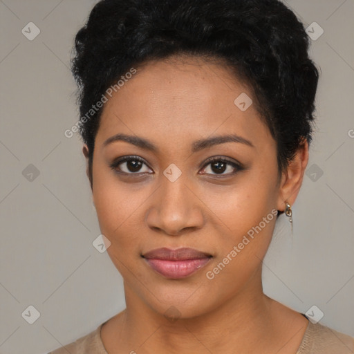 Joyful latino young-adult female with short  brown hair and brown eyes