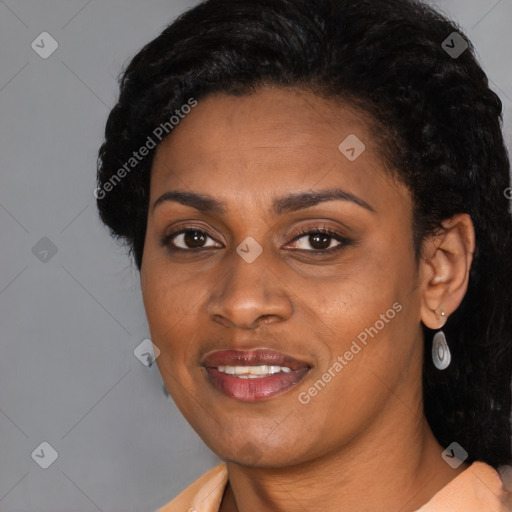 Joyful latino young-adult female with medium  black hair and brown eyes