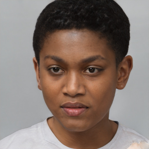 Neutral black young-adult female with short  black hair and brown eyes