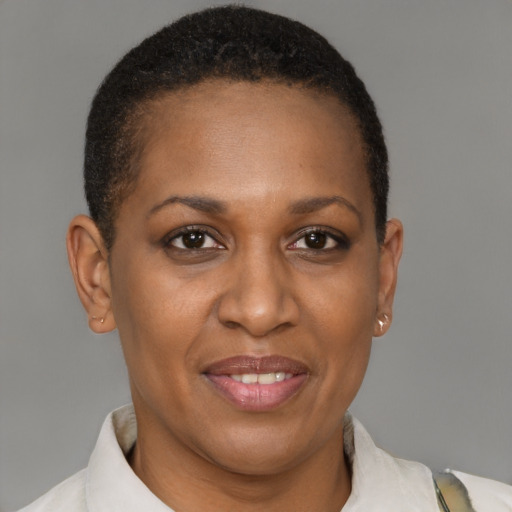 Joyful latino adult female with short  brown hair and brown eyes