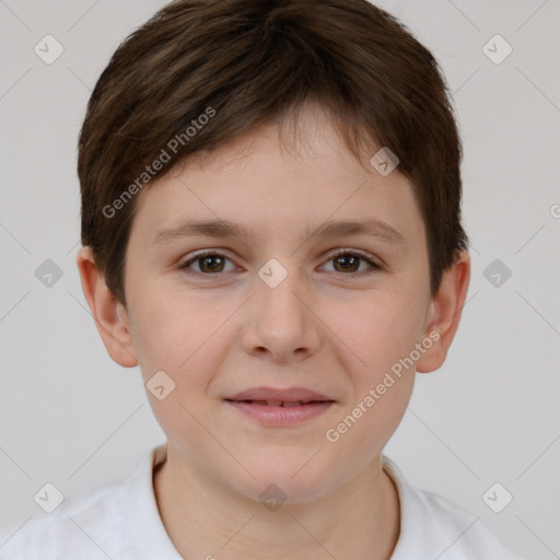 Joyful white child female with short  brown hair and brown eyes