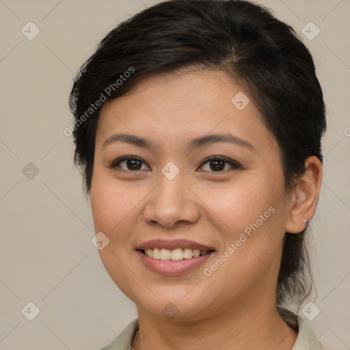 Joyful white young-adult female with short  brown hair and brown eyes