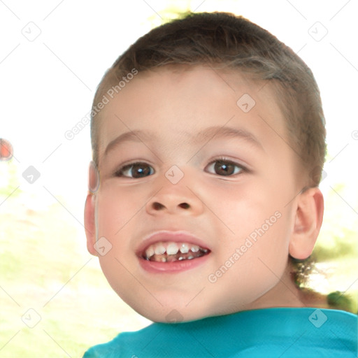 Joyful white child male with short  brown hair and brown eyes