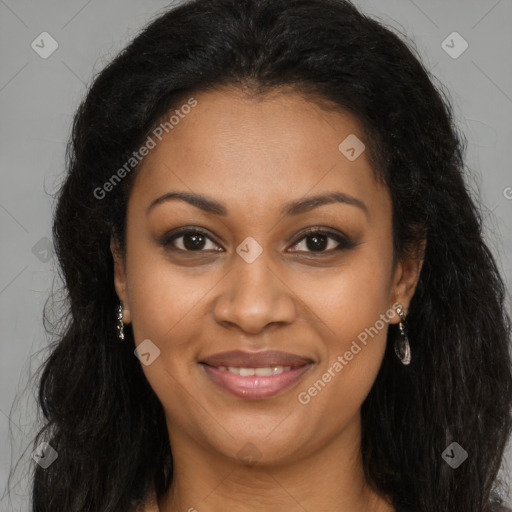 Joyful black young-adult female with long  brown hair and brown eyes