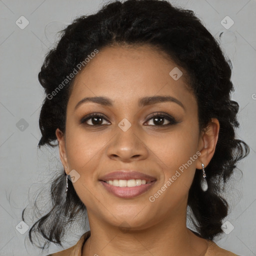 Joyful latino young-adult female with medium  black hair and brown eyes