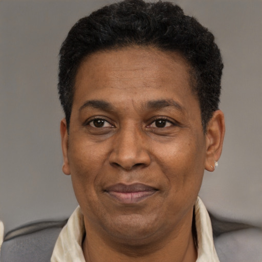 Joyful latino adult male with short  black hair and brown eyes