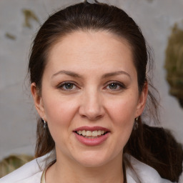 Joyful white adult female with medium  brown hair and brown eyes